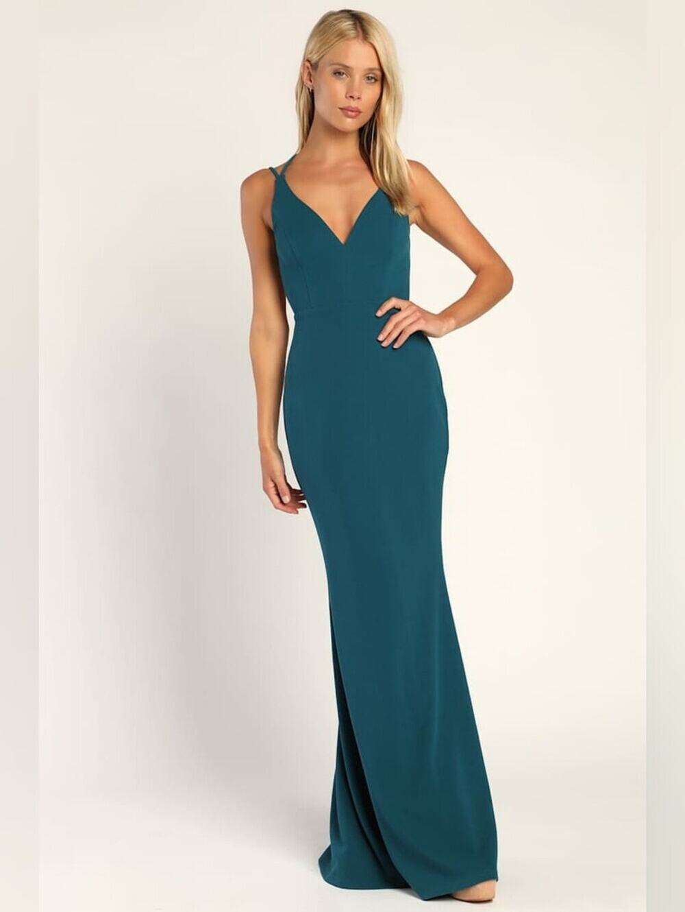 Lulus Teal Blue V-Neck Spaghetti Strap Formal Maxi Evening Gown Dress Small